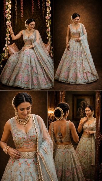 Practical Sky Blue Grand Flared Lehenga with Pearl Embroidery for Reception Wear Designer Lehenga Choli