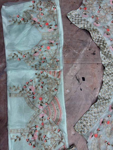 Practical Sky Blue Grand Flared Lehenga with Pearl Embroidery for Reception Wear Designer Lehenga Choli