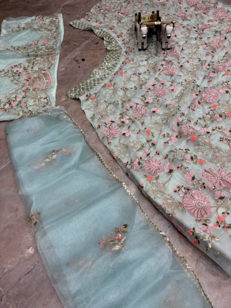 Practical Sky Blue Grand Flared Lehenga with Pearl Embroidery for Reception Wear Designer Lehenga Choli