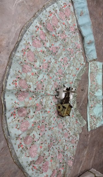 Practical Sky Blue Grand Flared Lehenga with Pearl Embroidery for Reception Wear Designer Lehenga Choli