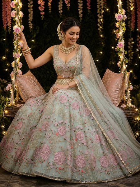 Practical Sky Blue Grand Flared Lehenga with Pearl Embroidery for Reception Wear Designer Lehenga Choli