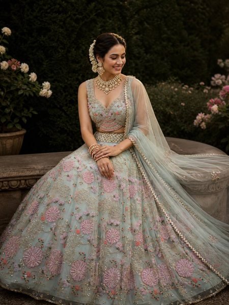 Practical Sky Blue Grand Flared Lehenga with Pearl Embroidery for Reception Wear Designer Lehenga Choli