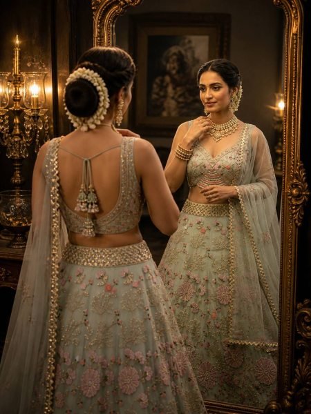 Practical Sky Blue Grand Flared Lehenga with Pearl Embroidery for Reception Wear Designer Lehenga Choli