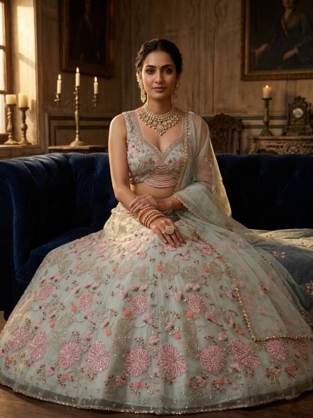 Practical Sky Blue Grand Flared Lehenga with Pearl Embroidery for Reception Wear Designer Lehenga Choli
