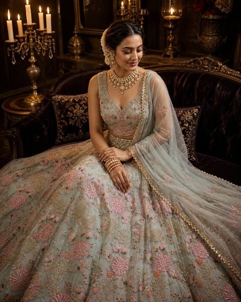 Practical Sky Blue Grand Flared Lehenga with Pearl Embroidery for Reception Wear Designer Lehenga Choli