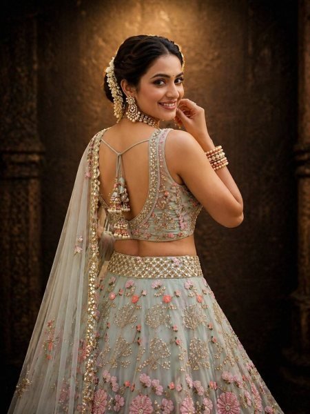Practical Sky Blue Grand Flared Lehenga with Pearl Embroidery for Reception Wear Designer Lehenga Choli