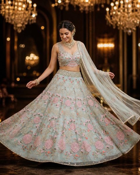 Practical Sky Blue Grand Flared Lehenga with Pearl Embroidery for Reception Wear Designer Lehenga Choli