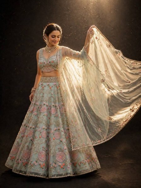 Practical Sky Blue Grand Flared Lehenga with Pearl Embroidery for Reception Wear Designer Lehenga Choli