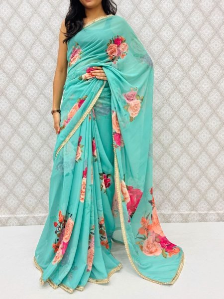 Practical Sky Blue Stylish Georgette Saree with Hand Pearl Work for Women Sarees 