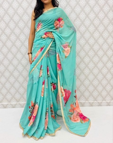 Practical Sky Blue Stylish Georgette Saree with Hand Pearl Work for Women Printed Cotton Sarees Wholesale