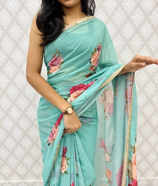 Practical Sky Blue Stylish Georgette Saree with Hand Pearl Work for Women Printed Cotton Sarees Wholesale