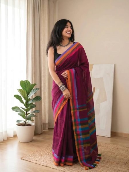 Practical Wine Linen Cotton Digital Print Saree with Tussle Detail at Direc Factory Price Sarees 