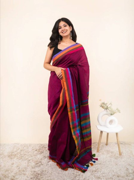 Practical Wine Linen Cotton Digital Print Saree with Tussle Detail at Direc Factory Price Printed Cotton Sarees Wholesale
