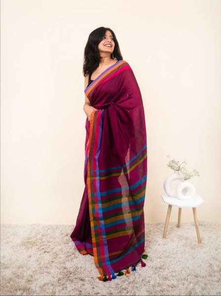 Practical Wine Linen Cotton Digital Print Saree with Tussle Detail at Direc Factory Price Printed Cotton Sarees Wholesale