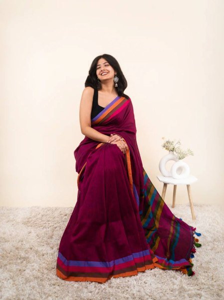Practical Wine Linen Cotton Digital Print Saree with Tussle Detail at Direc Factory Price Printed Cotton Sarees Wholesale