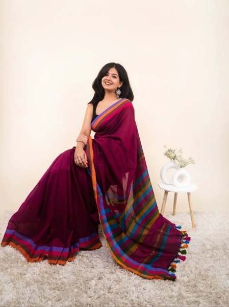 Practical Wine Linen Cotton Digital Print Saree with Tussle Detail at Direc Factory Price Printed Cotton Sarees Wholesale