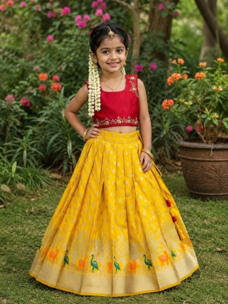 Practical Yellow HotPink Girls Pure Silk Lehenga Choli with Heavy Maggam Embroidery