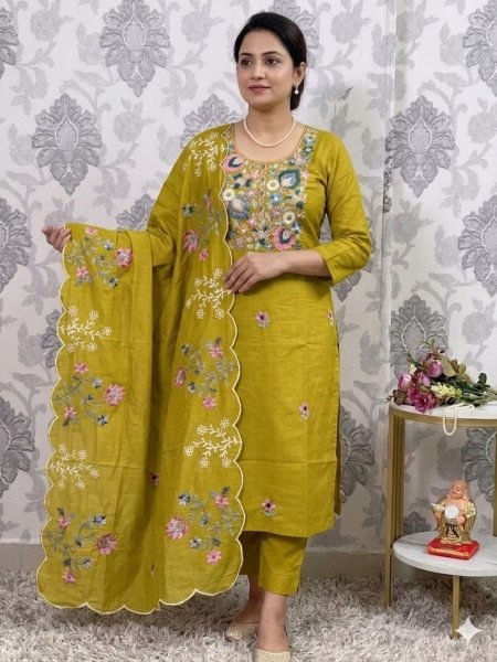 Practical Yellow Stylish Pakistani Suit for Women with Kolkatta Hand Work Kurtis