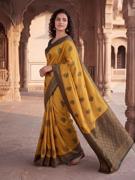 Practical Yellow Traditional Banarasi Silk Saree with Rich Zari Pallu and Border at Wholesale Rate 