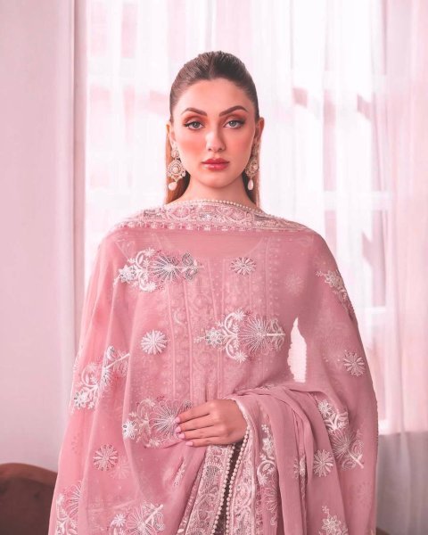 Precious Baby Pink Faux Georgette Embroidered Kurti Plazzo Dupatta Set with Moti Work at Wholesale Rate for Reseller  Pakistani Suits Wholesale