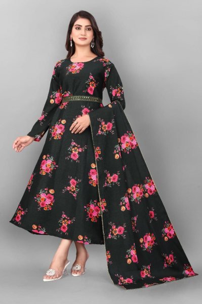 Precious Black Delta Cotton Gown With Belt and Lace Dupatta for Hot Selling at Manufacturer Rate Kurti With Dupatta Wholesale