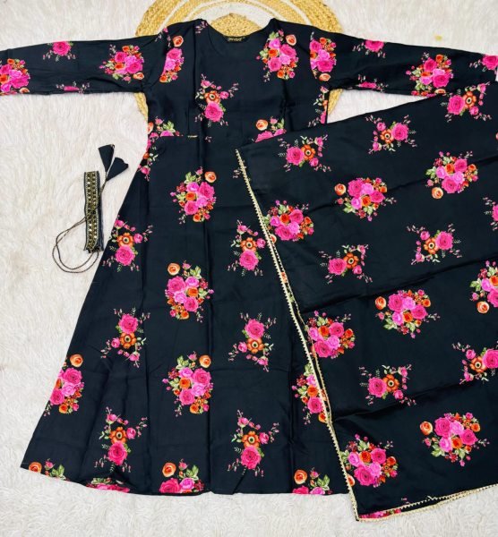 Precious Black Delta Cotton Gown With Belt and Lace Dupatta for Hot Selling at Manufacturer Rate Kurti With Dupatta Wholesale