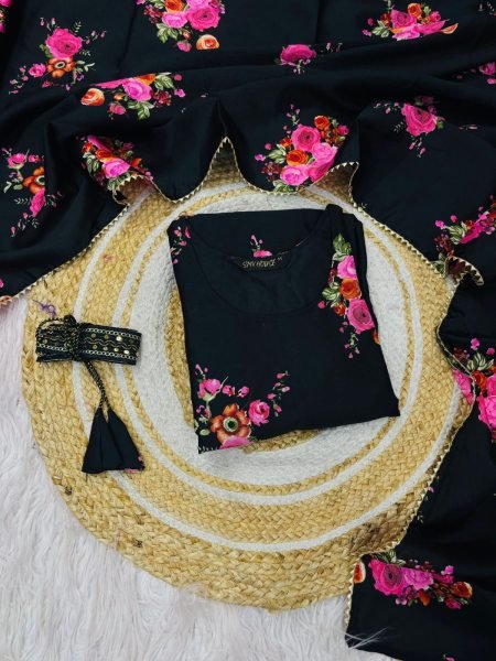 Precious Black Delta Cotton Gown With Belt and Lace Dupatta for Hot Selling at Manufacturer Rate Kurti With Dupatta Wholesale