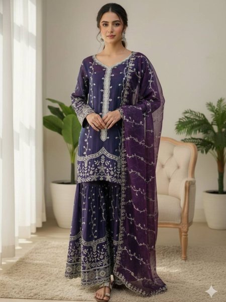Precious Purple Fully Stitch  Embroidery Sequence Work Silk Suit with Plazzo with Dupatta  for International Buyers