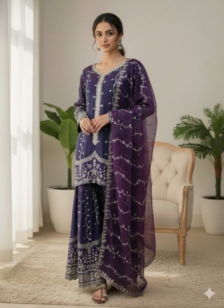 Precious Purple Fully Stitch  Embroidery Sequence Work Silk Suit with Plazzo with Dupatta  for International Buyers Ready To Wear Collection