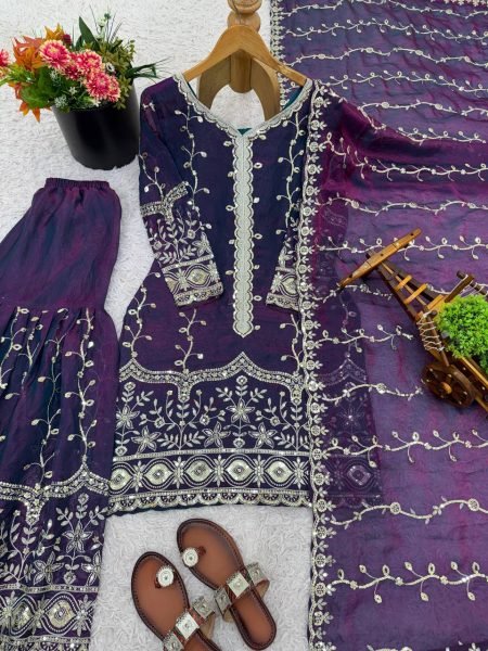 Precious Purple Fully Stitch  Embroidery Sequence Work Silk Suit with Plazzo with Dupatta  for International Buyers Ready To Wear Collection