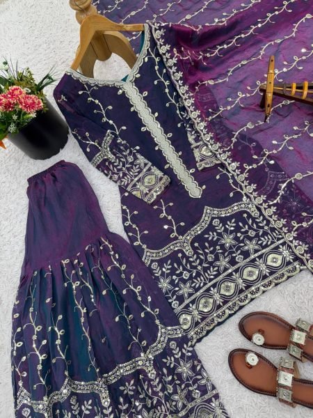 Precious Purple Fully Stitch  Embroidery Sequence Work Silk Suit with Plazzo with Dupatta  for International Buyers Ready To Wear Collection