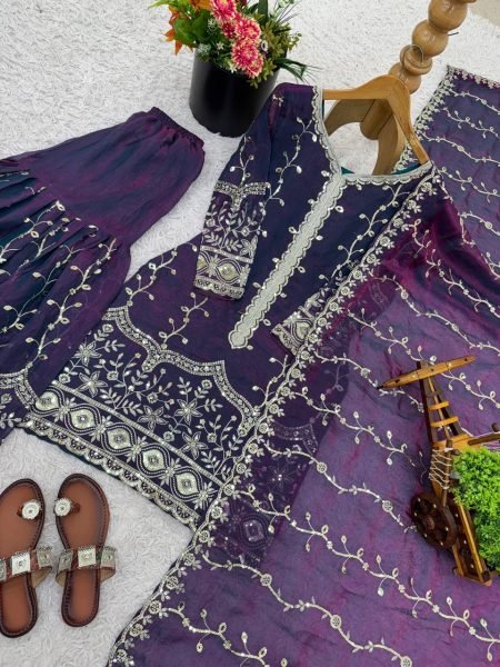 Precious Purple Fully Stitch  Embroidery Sequence Work Silk Suit with Plazzo with Dupatta  for International Buyers Ready To Wear Collection