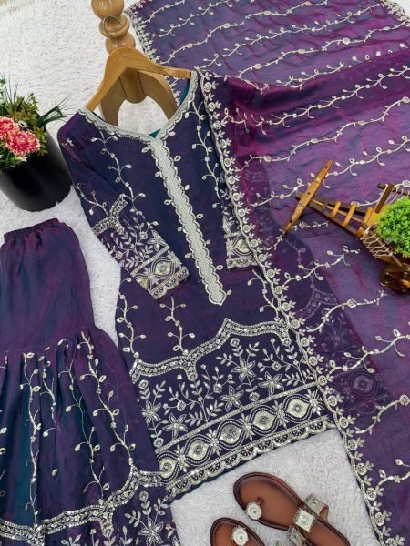 Precious Purple Fully Stitch  Embroidery Sequence Work Silk Suit with Plazzo with Dupatta  for International Buyers Ready To Wear Collection