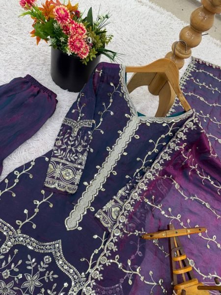 Precious Purple Fully Stitch  Embroidery Sequence Work Silk Suit with Plazzo with Dupatta  for International Buyers Ready To Wear Collection