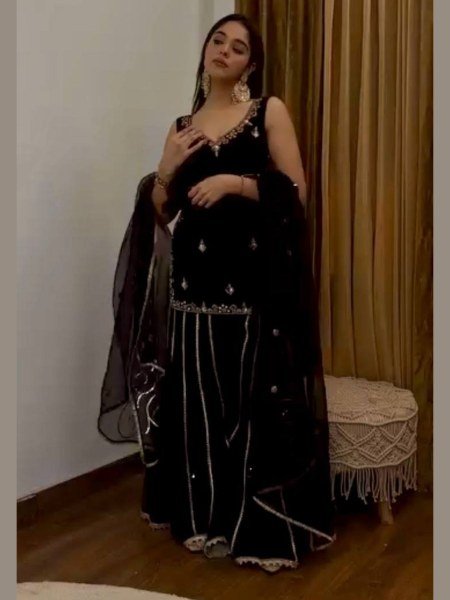 Precious Viscose Velvet Top   Sharara with Both Side Sequence Work for Party   Engagement Wear Ready To Wear Suit