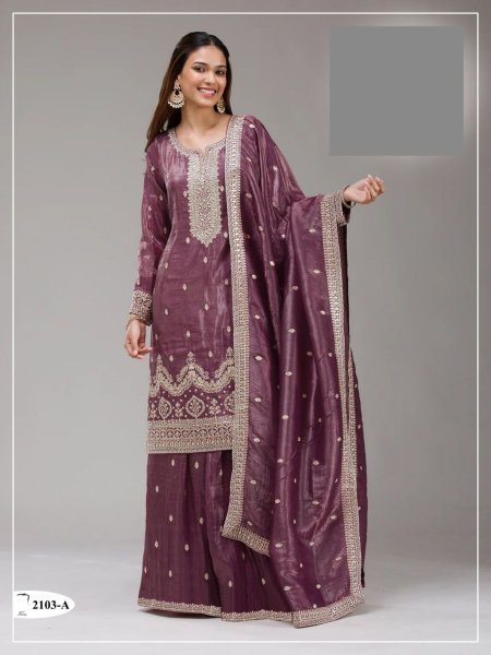 Precious Wine Sequence Embroidery Work Gold Crush Sharara Suit for Wedding Wear Salwar Kameez