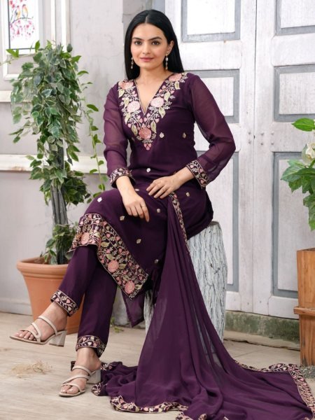 Premium 3 Piece Georgette Suit Heavy Embroidery with Dupatta Full Stitched for Party &  Festive Wear Wholesale Deal 3 Piece Kurti Set