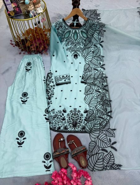 Premium Aqva Blue Satin Rayon Long Kurti Set With Beautiful Neck Design At Wholesale Rate Ready To Wear Collection