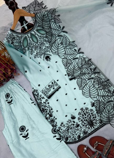 Premium Aqva Blue Satin Rayon Long Kurti Set With Beautiful Neck Design At Wholesale Rate Ready To Wear Collection