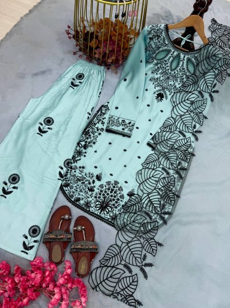 Premium Aqva Blue Satin Rayon Long Kurti Set With Beautiful Neck Design At Wholesale Rate Ready To Wear Collection