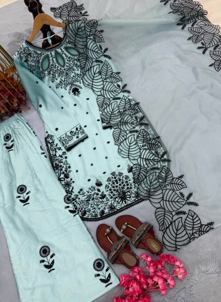 Premium Aqva Blue Satin Rayon Long Kurti Set With Beautiful Neck Design At Wholesale Rate Ready To Wear Collection
