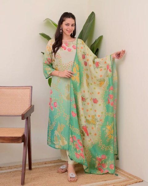 Premium Assam Silk 3Pc Kurti Set with Handwork Kurti &  Printed Dupatta Ready to Wear 3 Piece Kurti Set