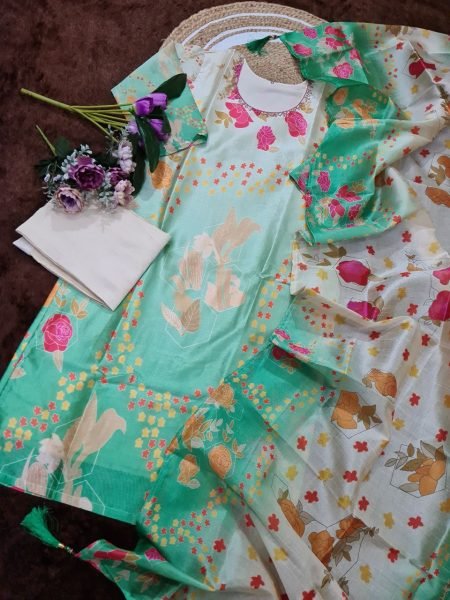 Premium Assam Silk 3Pc Kurti Set with Handwork Kurti &  Printed Dupatta Ready to Wear 3 Piece Kurti Set