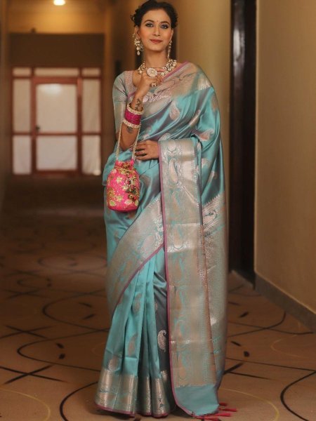 Prodigal Firozi Soft Banarasi Silk Saree With Designer Blouse Piece Sarees 