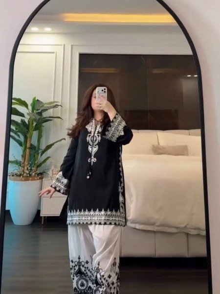 Premium Black Crepe Silk Embroidered Kurti Set with Farshi Pant and Dupatta 
