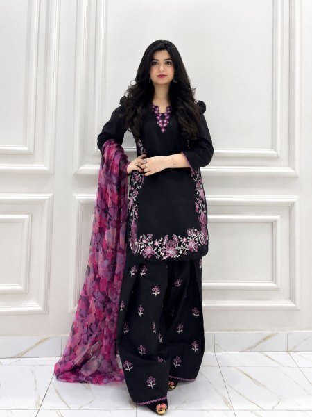Premium Black French Crepe Farshi Palazzo Set with Dupatta Using Embroidery Work  Ready To Wear Suit