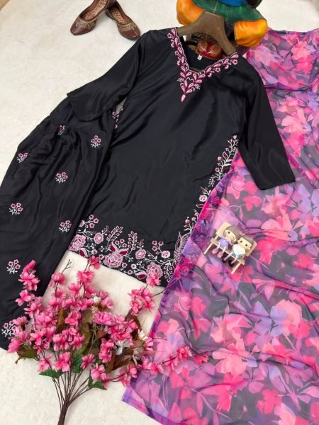 Premium Black French Crepe Farshi Palazzo Set with Dupatta Using Embroidery Work  Ready To Wear Collection