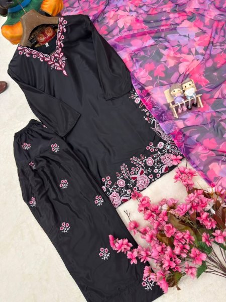 Premium Black French Crepe Farshi Palazzo Set with Dupatta Using Embroidery Work  Ready To Wear Collection