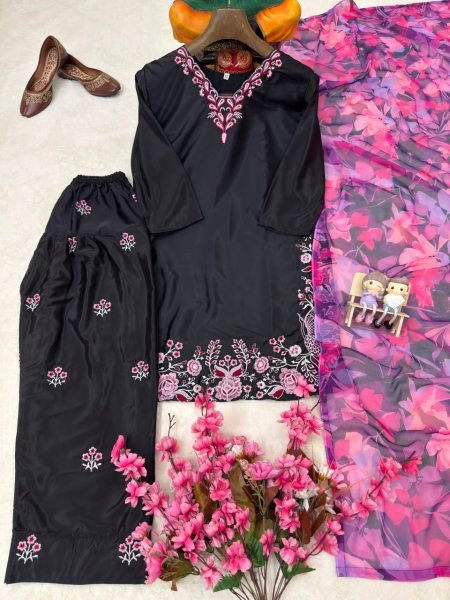 Premium Black French Crepe Farshi Palazzo Set with Dupatta Using Embroidery Work  Ready To Wear Collection