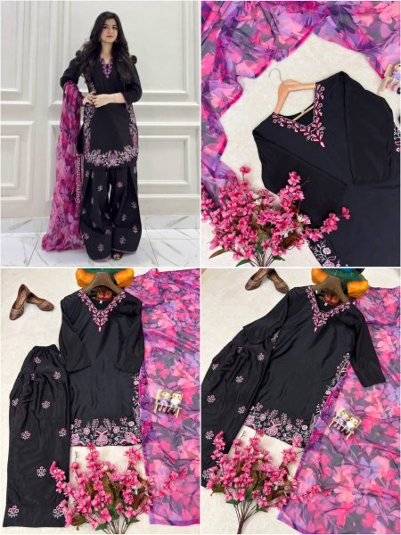 Premium Black French Crepe Farshi Palazzo Set with Dupatta Using Embroidery Work  Ready To Wear Collection